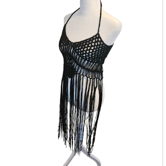 Crochet Swim Cover Up Black Open Back Fringe Boho Crop Top - Picture 12 of 16